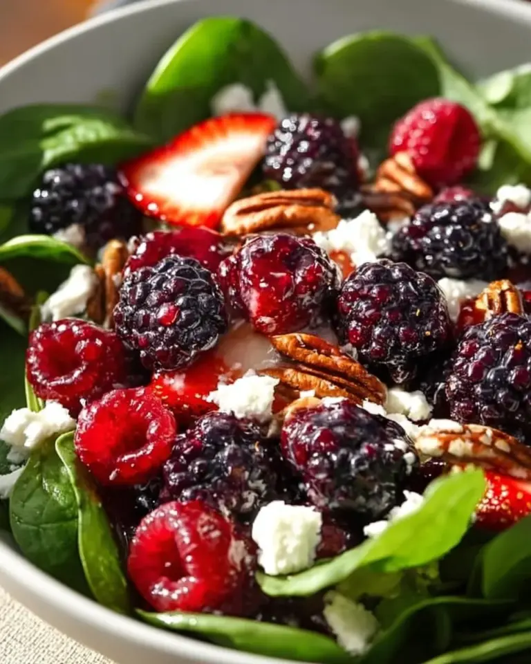 Fresh Mixed Berry Spinach Salad with strawberries, blueberries, and almonds