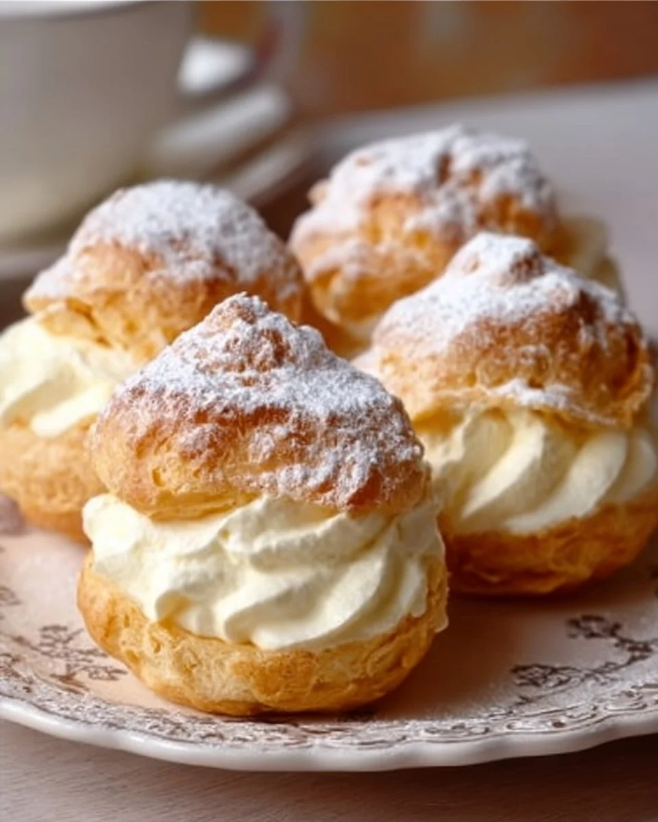 Delicious homemade cream puffs filled with cream and dusted with powdered sugar