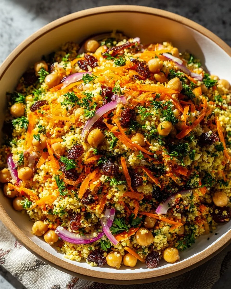 Moroccan-Spiced Chickpea and Carrot Couscous Salad in a bowl garnished with herbs