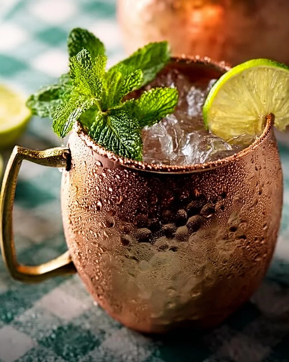 Chilled Moscow Mule cocktail served in a copper mug with lime and mint garnish.