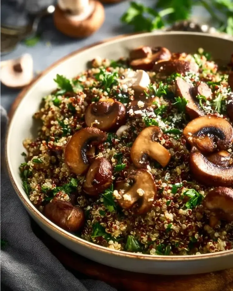 Colorful Mushroom Quinoa Salad with fresh vegetables and herbs