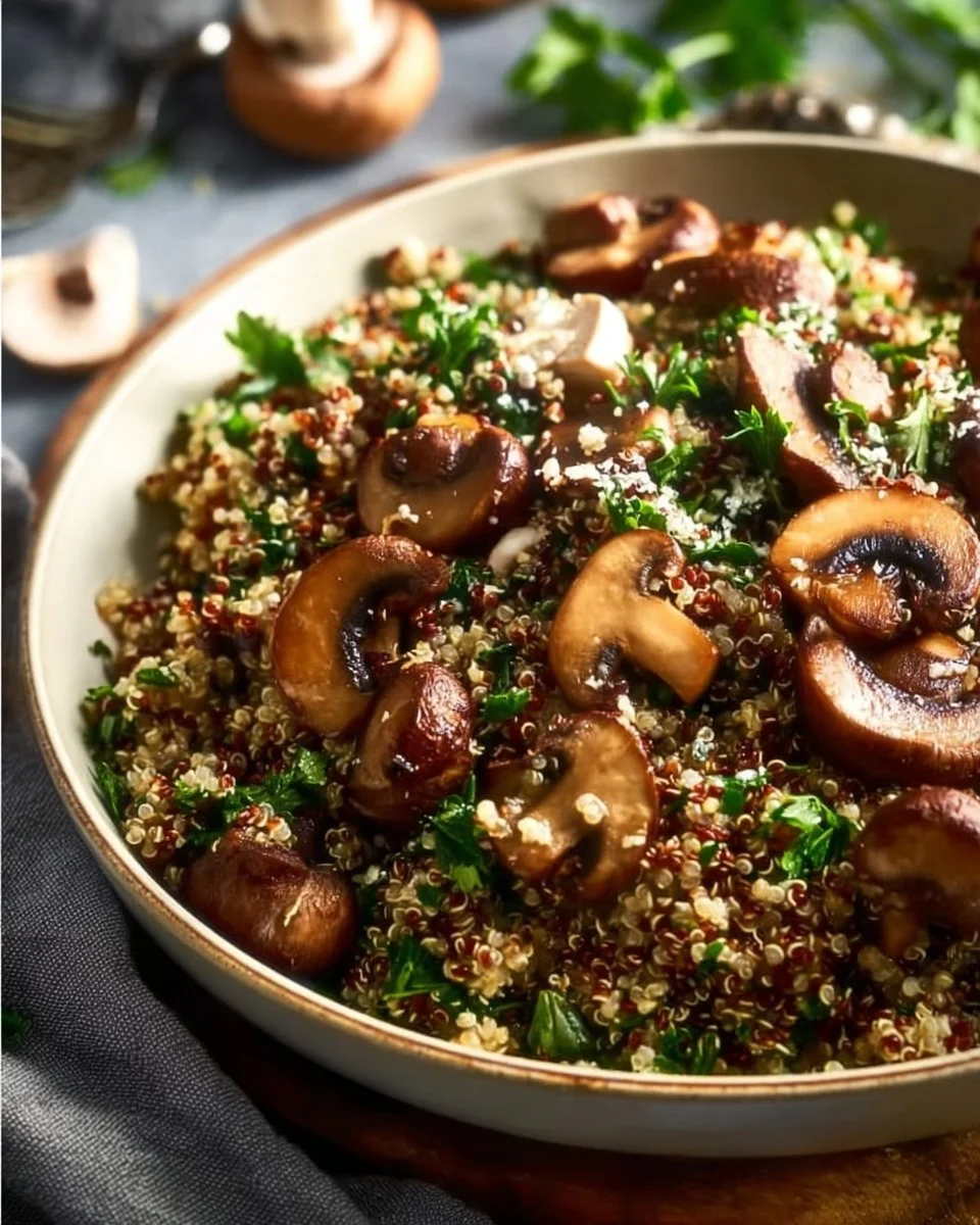 Colorful Mushroom Quinoa Salad with fresh vegetables and herbs