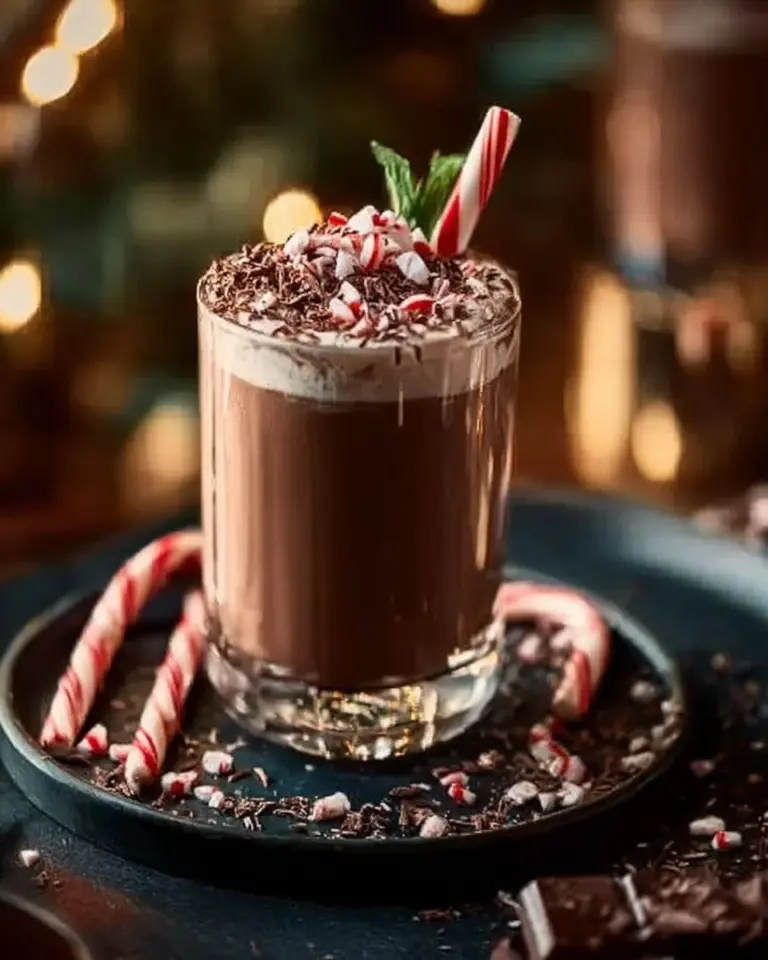 Colorful Naughty Elf Cocktail served in a festive glass with holiday decorations