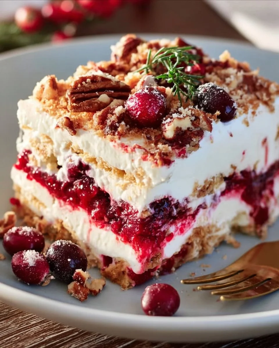No-Bake Cranberry Yum Yum dessert topped with cranberries and whipped cream.