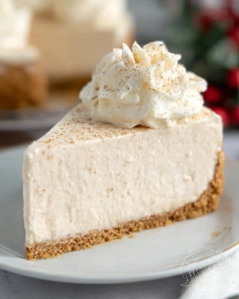 No-bake eggnog cheesecake with gingersnap crust on a festive table