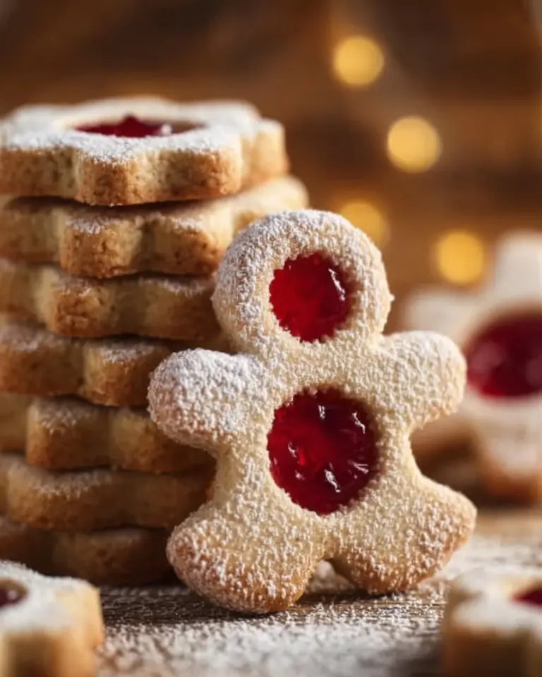 Freshly baked no-chill Linzer cookies with jam filling and powdered sugar topping