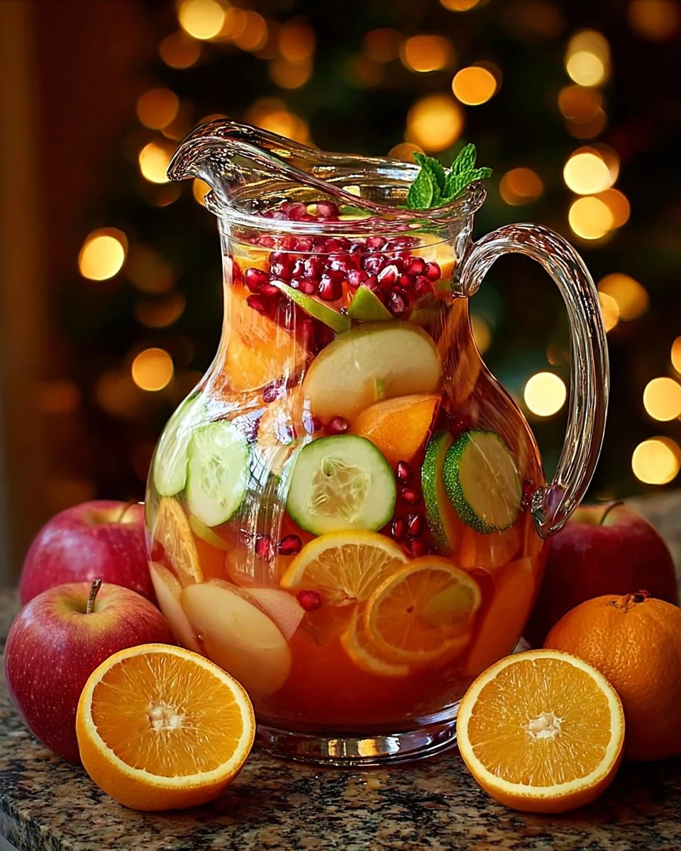A festive glass of Non-Alcoholic Christmas Sangria with fruits and spices