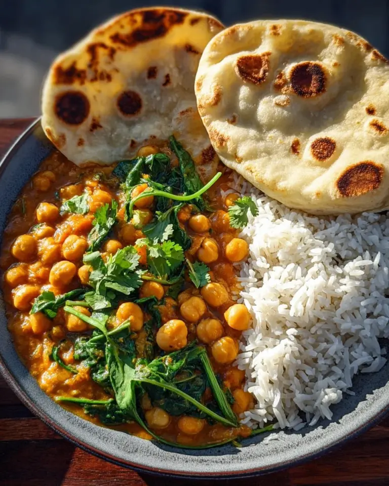 One-Pot Chickpea Spinach Coconut Curry in a bowl garnished with fresh herbs