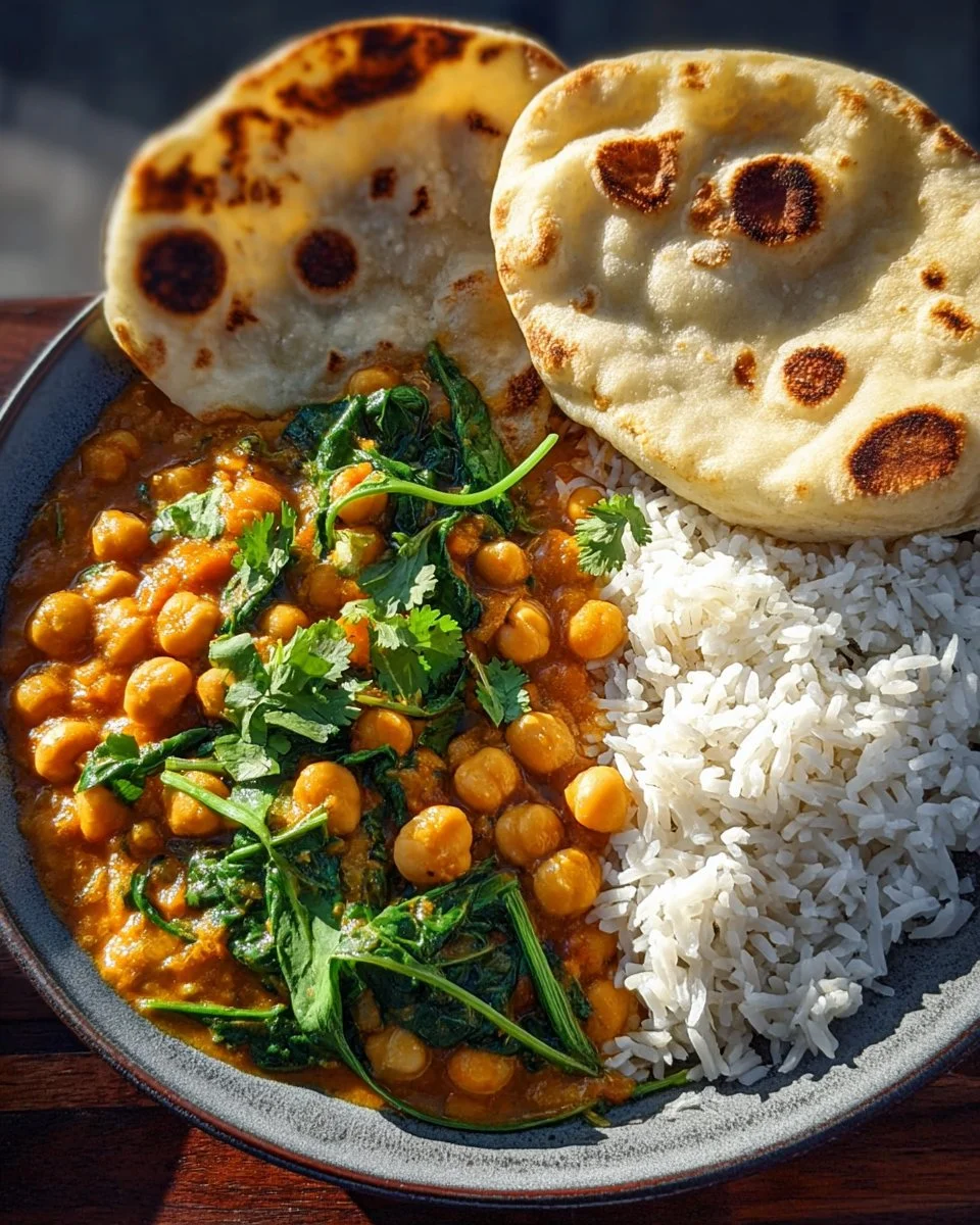 One-Pot Chickpea Spinach Coconut Curry in a bowl garnished with fresh herbs