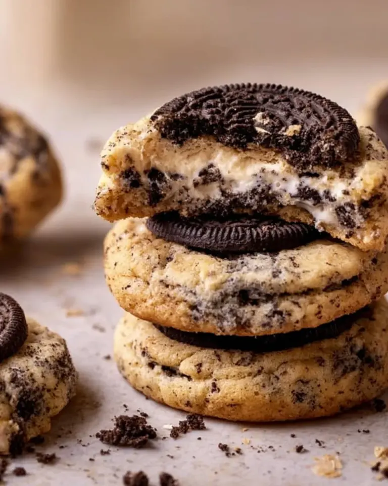 Delicious Oreo Cheesecake Cookies stacked on a plate
