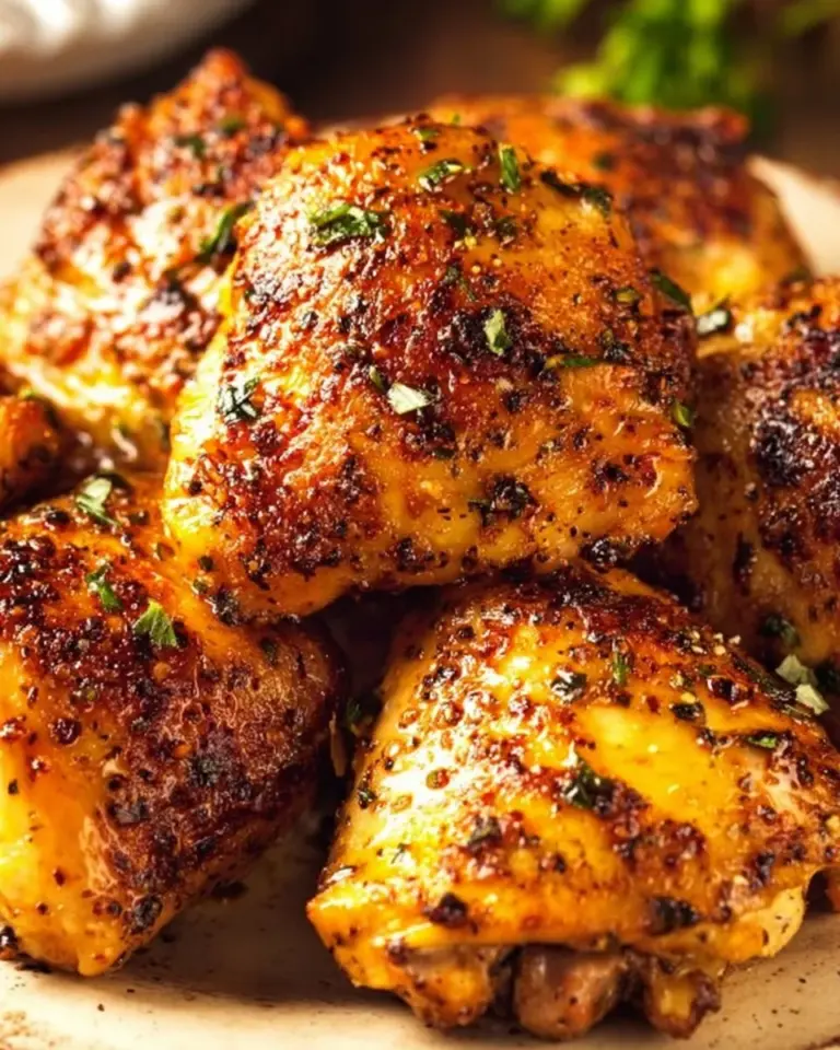 Juicy oven baked chicken thighs garnished with herbs on a plate