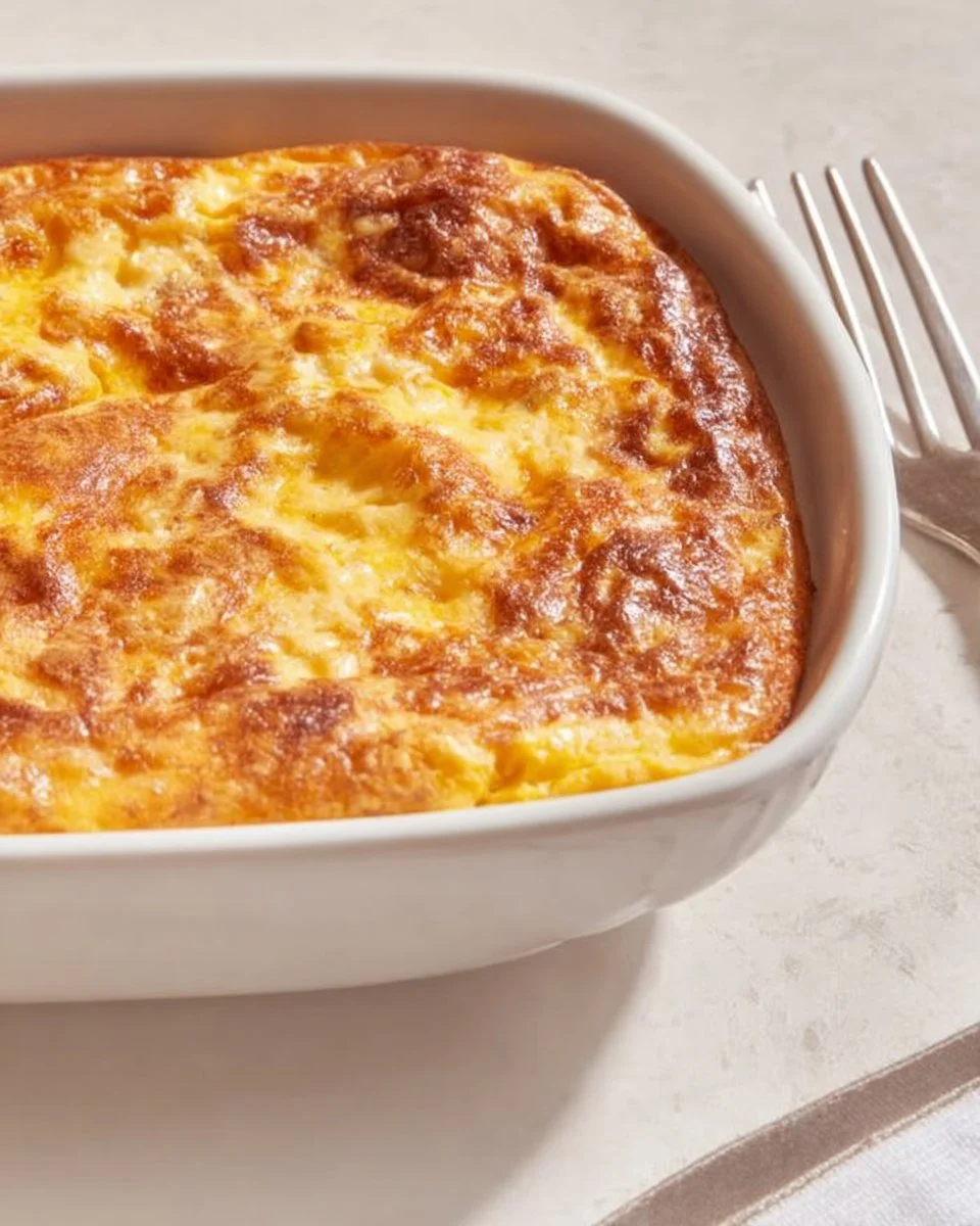 Oven baked scrambled egg and cheese dish served on a plate