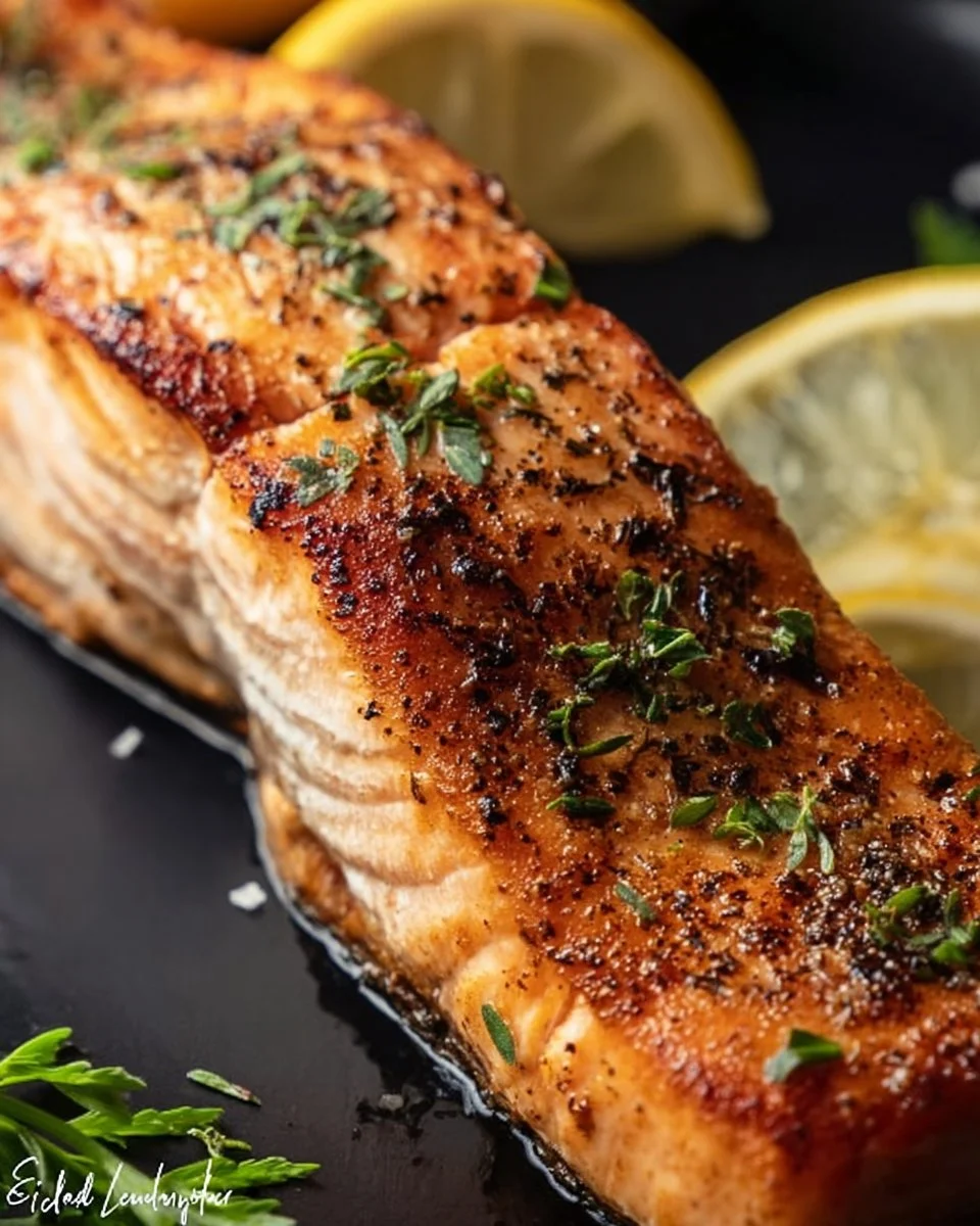 Dish of pan seared salmon garnished with herbs and lemon slices