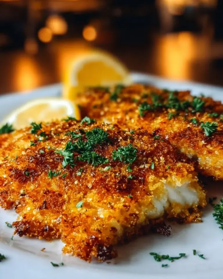Parmesan Baked Fish plated with garnishes and herbs