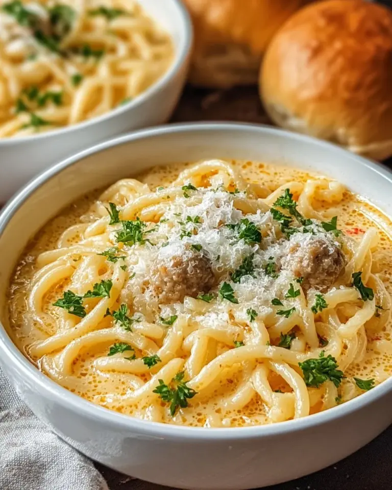 Bowl of Parmesan Italian Sausage Ditalini Soup garnished with herbs.