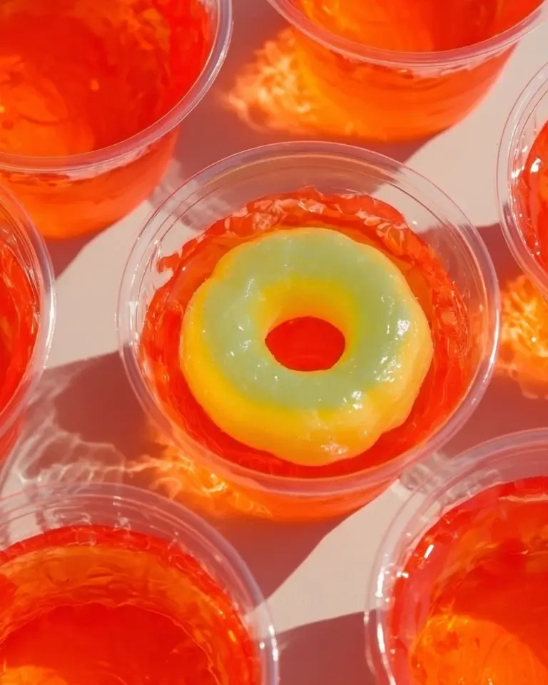 Delicious Peach Vodka Jello Shots served in colorful cups