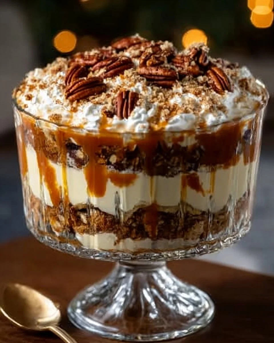 Pecan Pie Cheesecake Trifle with layers of cheesecake and pecans