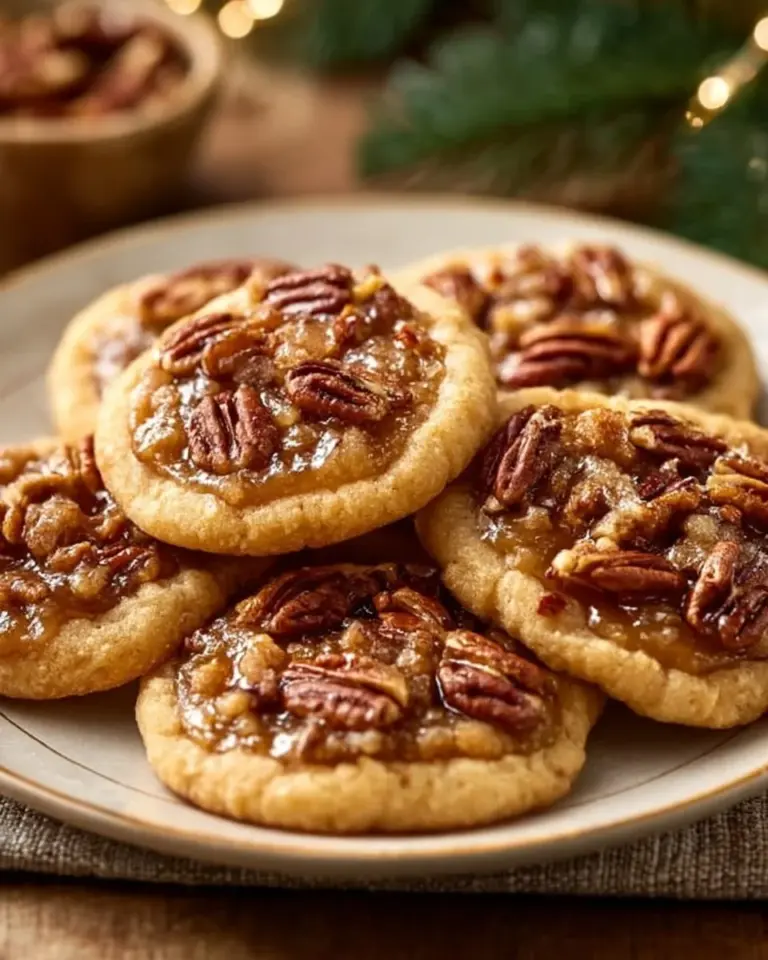 Plate of homemade Pecan Pie Cookies with pecan topping