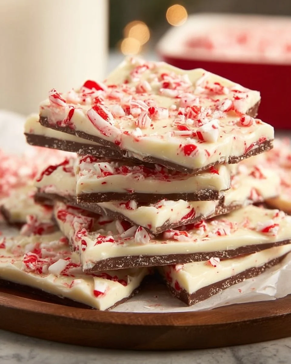 Delicious peppermint bark with layers of chocolate and crushed peppermint.