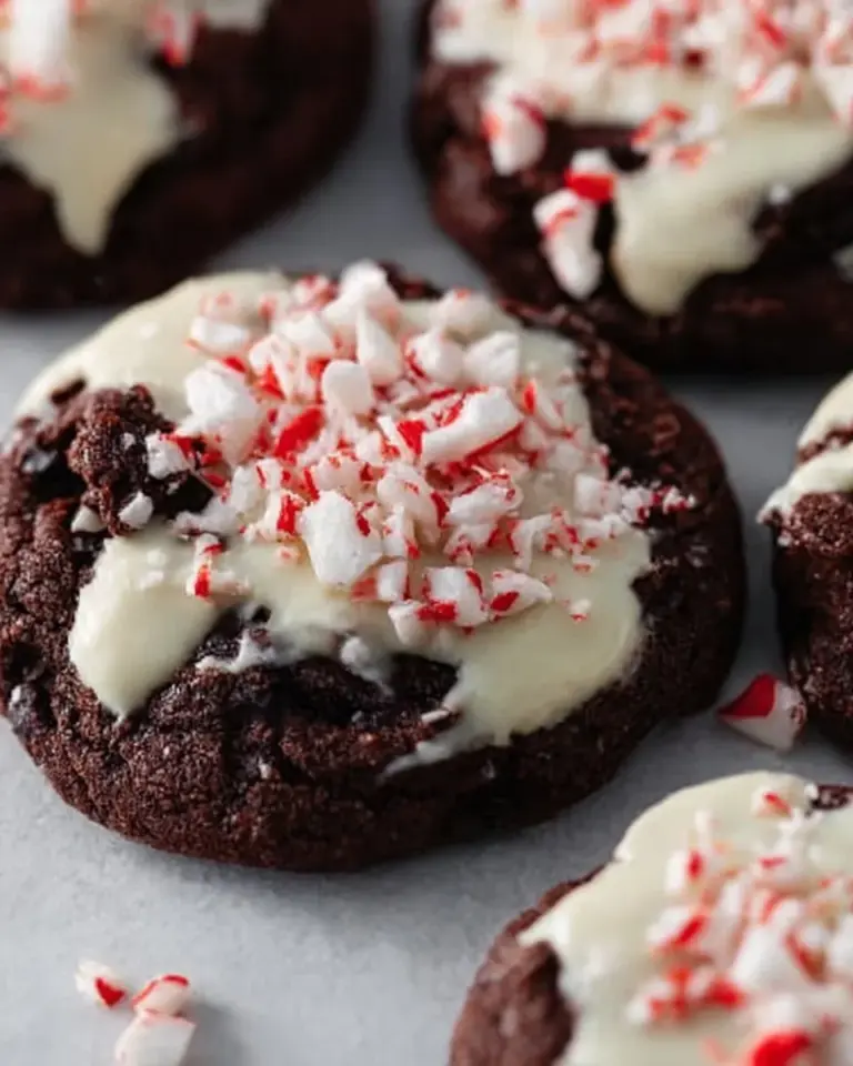 Plate of homemade peppermint bark cookies decorated with crushed candy canes.