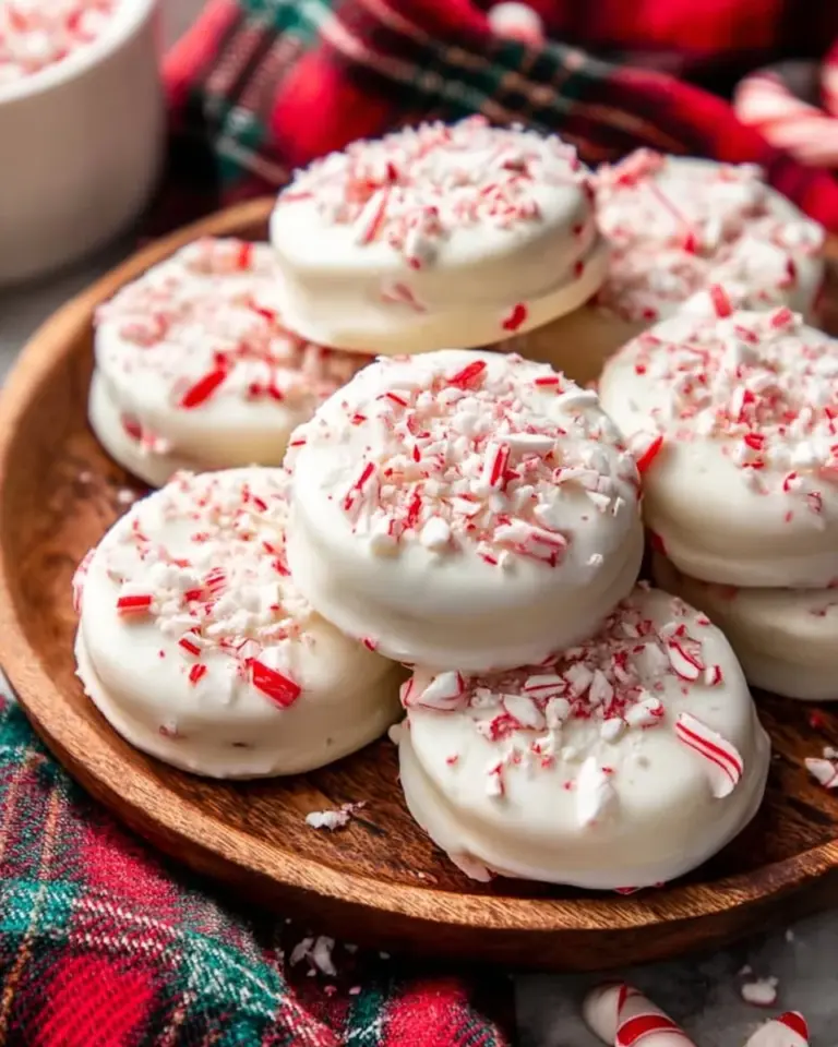 Peppermint Bark Oreos with festive sprinkles on a white plate