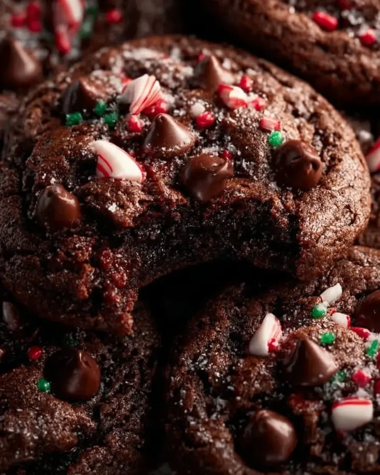 Peppermint brownie cookies fresh out of the oven on a cooling rack.