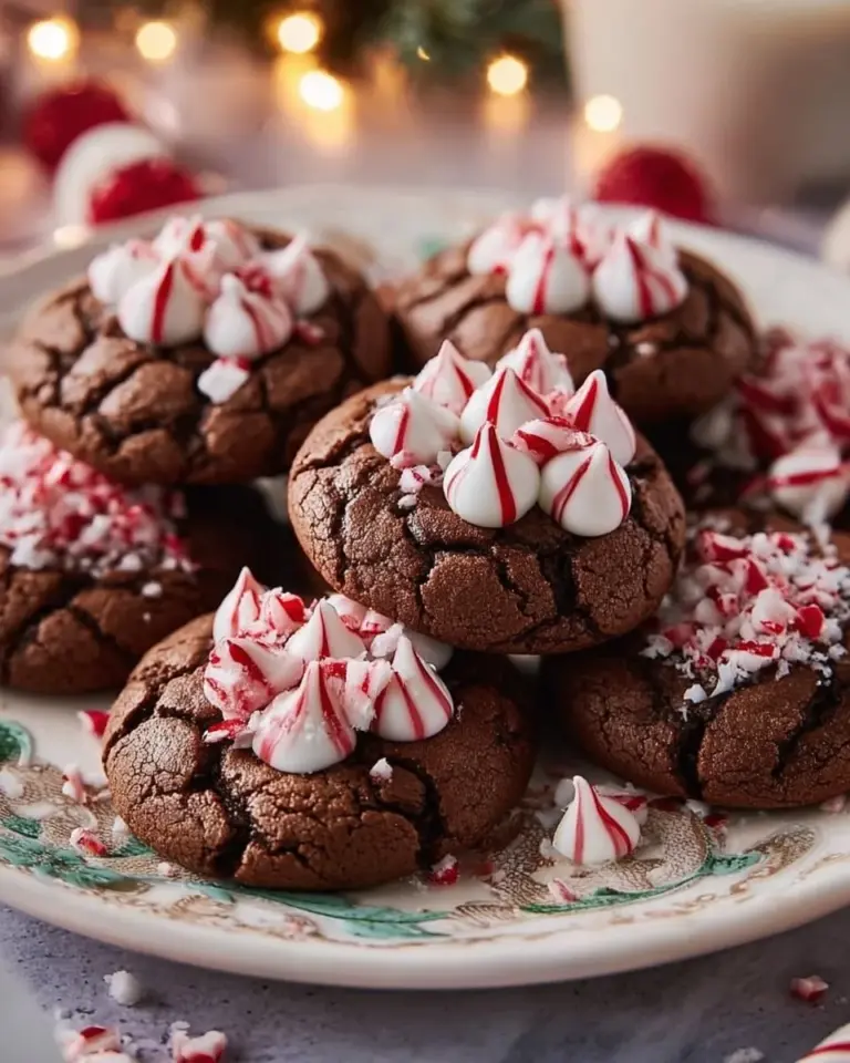 Peppermint Chocolate Blossom Cookies fresh from the oven, decorated with chocolate and peppermint.