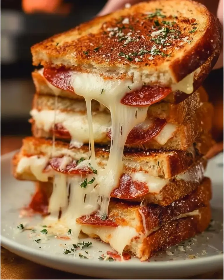 Pepperoni pizza grilled cheese sandwich with melted cheese and pepperoni slices