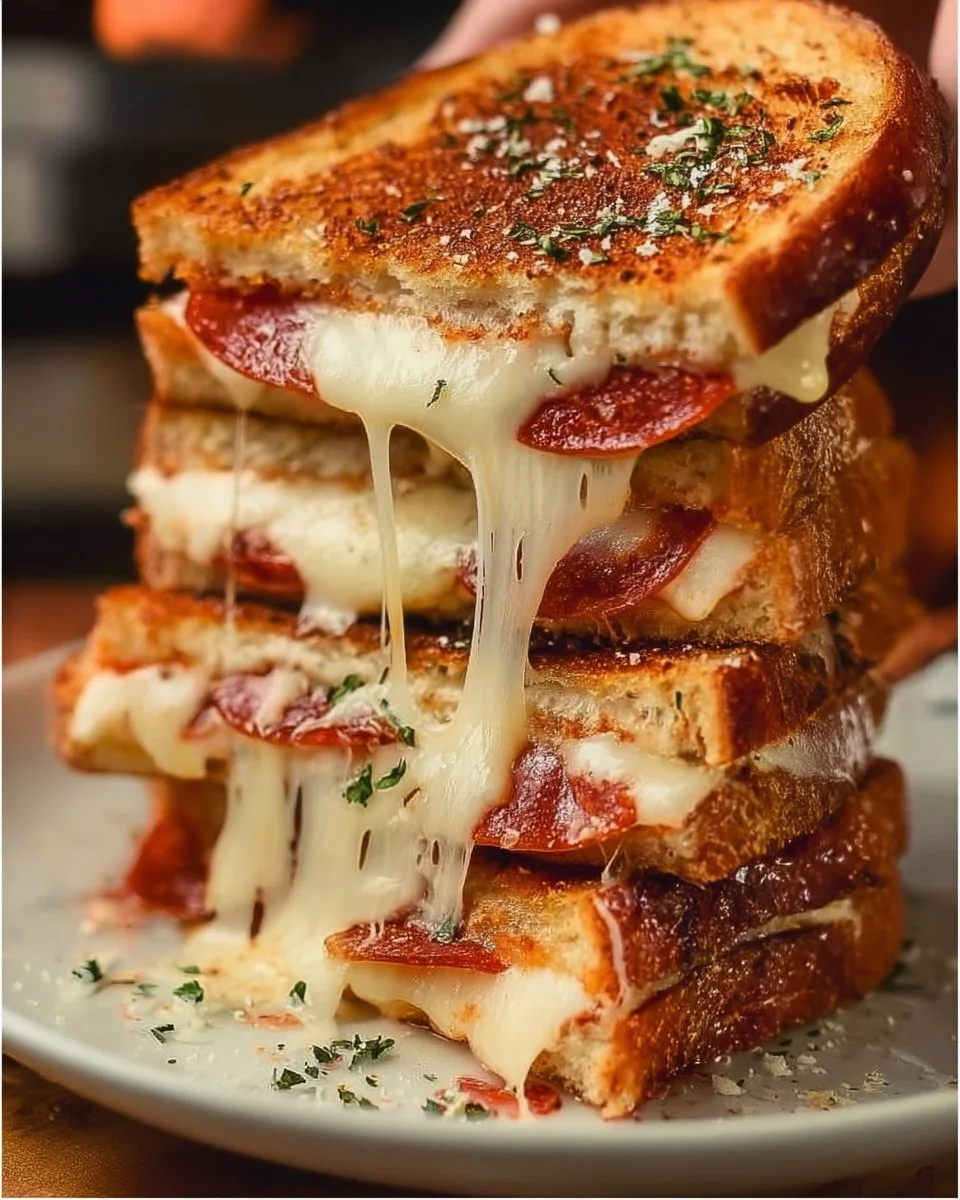 Pepperoni pizza grilled cheese sandwich with melted cheese and pepperoni slices