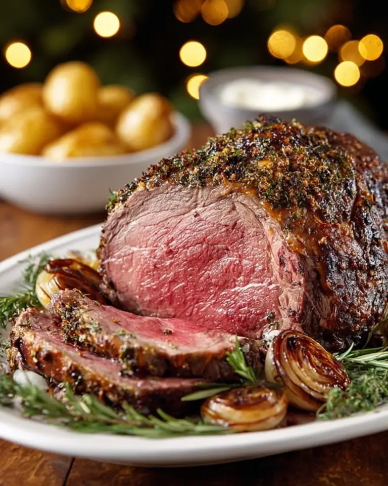 A beautifully cooked prime rib roast served on a platter