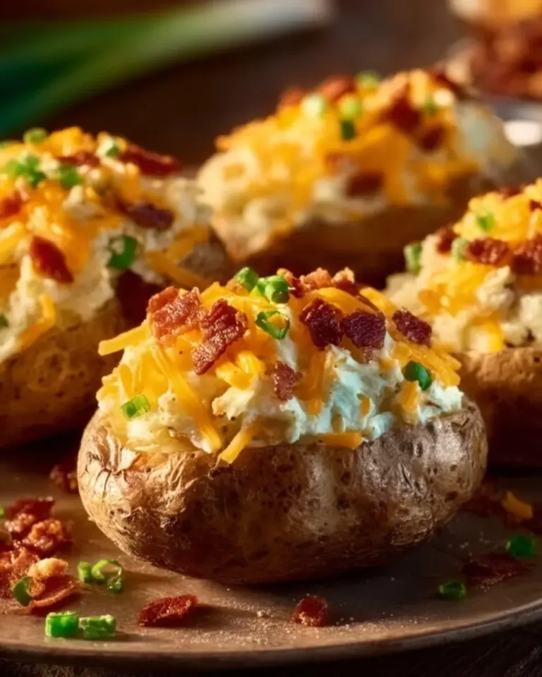 Deliciously creamy Twice-Baked Potatoes topped with cheese and herbs.
