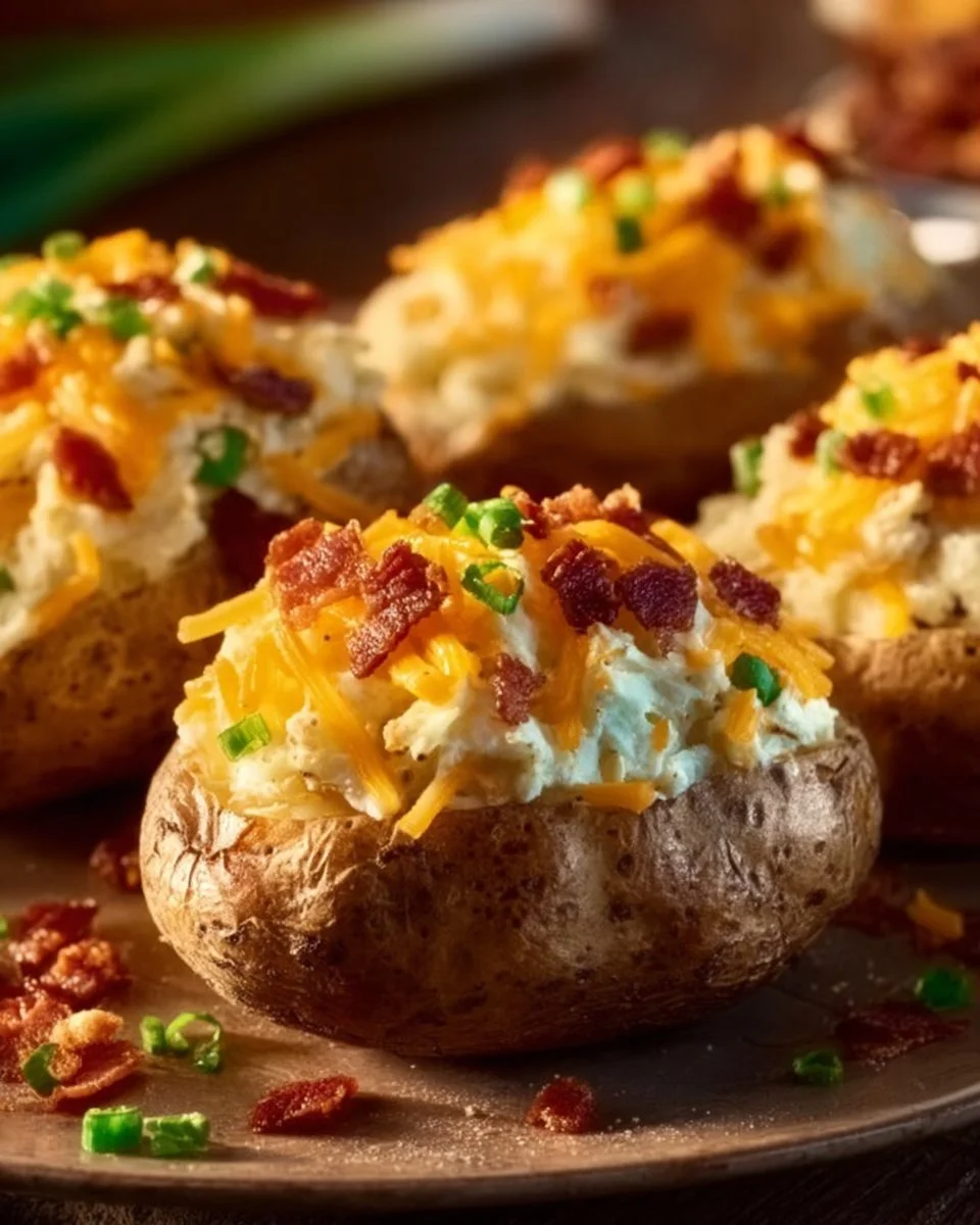 Deliciously creamy Twice-Baked Potatoes topped with cheese and herbs.