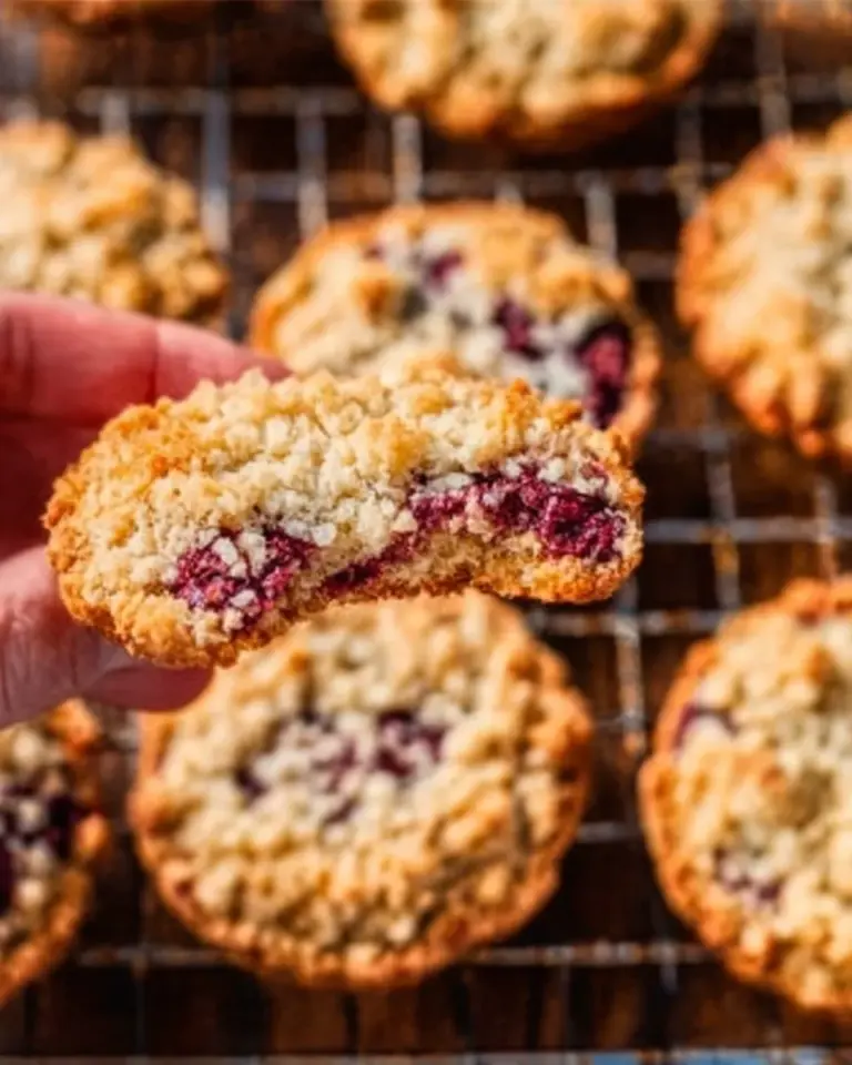 Delicious raspberry crumble cookie on a rustic wooden background