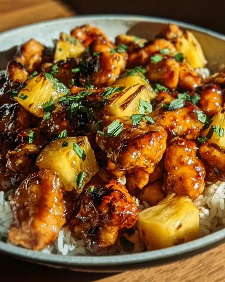Pineapple Chicken dish served over rice with vibrant vegetables