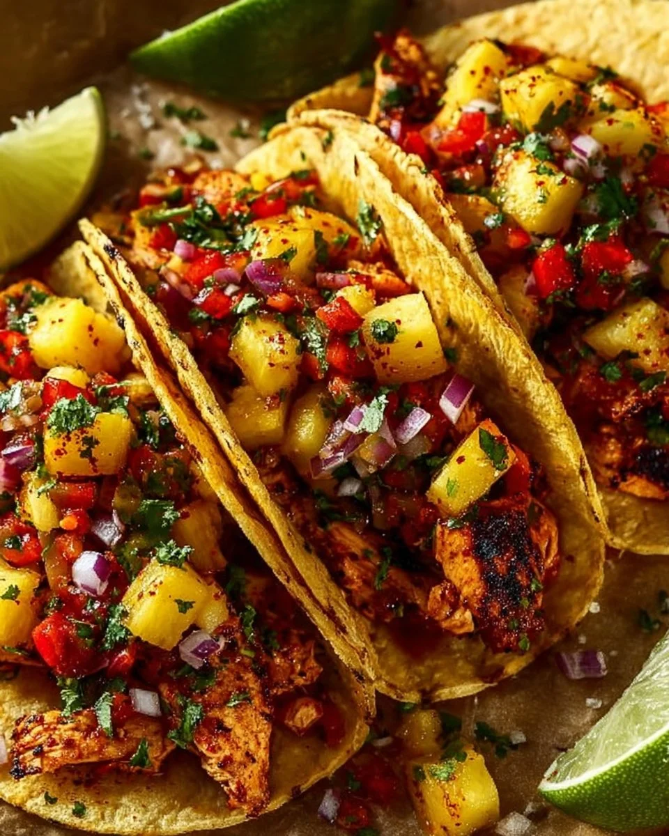Delicious Pineapple Chicken Tacos served with fresh toppings and lime