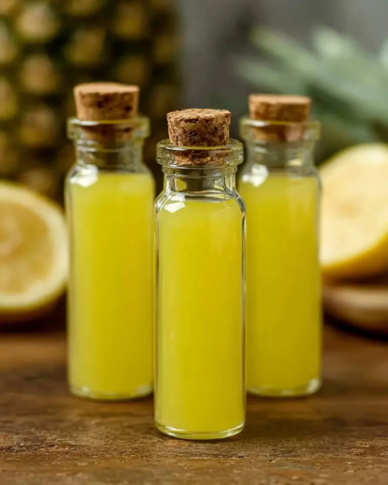 Pineapple coconut lemon ginger wellness shots in small glass bottles