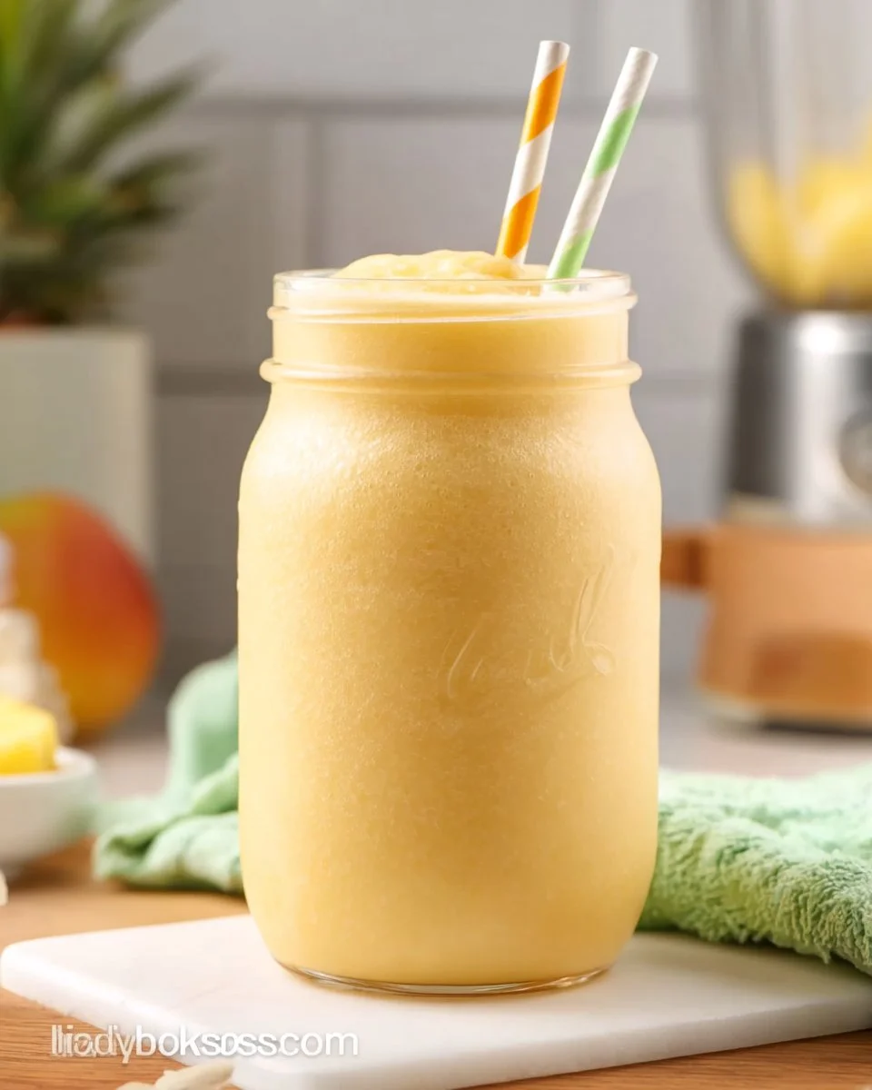 Delicious Pineapple Orange Smoothie in a clear glass with fresh fruit garnish