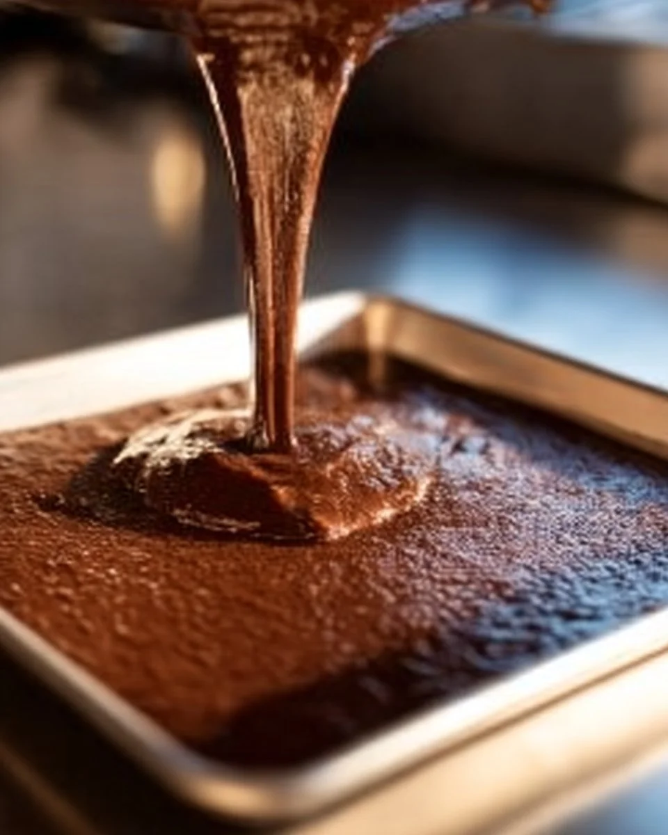 Pioneer Woman’s chocolate sheet cake sliced on a rustic wooden table