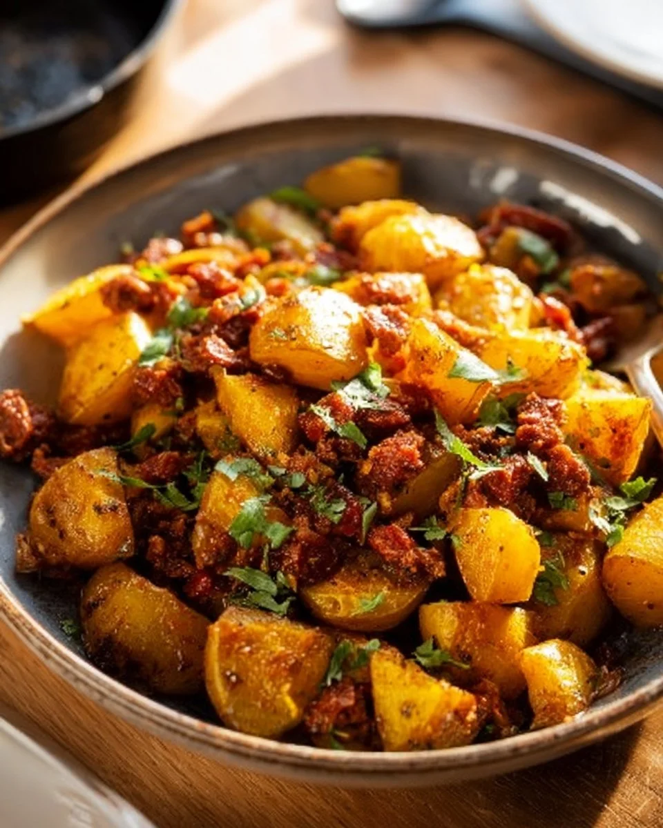 Delicious Plate of Potatoes with Chorizo Garnished with Fresh Herbs