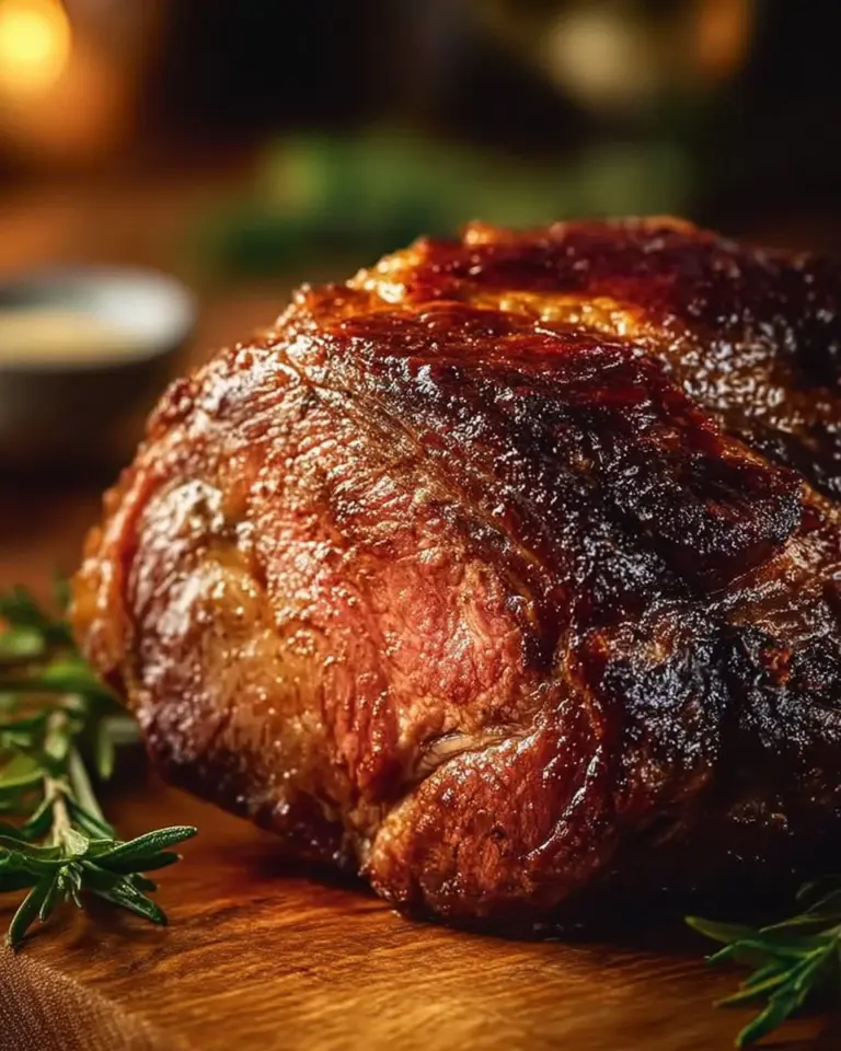 Delicious prime rib served for a festive Christmas dinner setting.