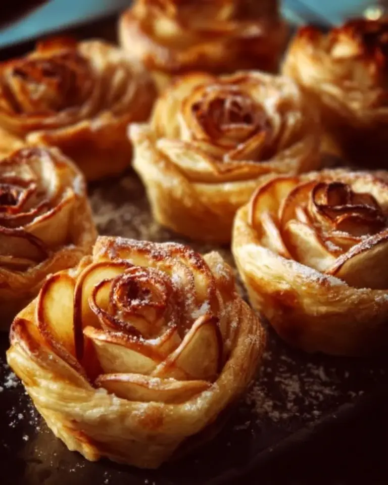 Puff pastry apple roses arranged on a plate, showcasing their elegant design.
