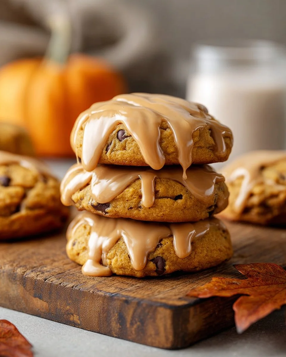 Delicious pumpkin cookies with caramel frosting on a plate