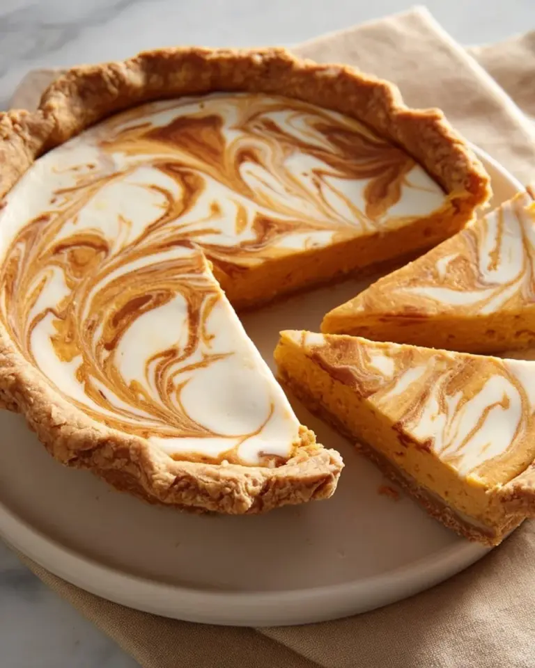 Creamy Pumpkin Pie with Swirls of Cream Cheese Topping