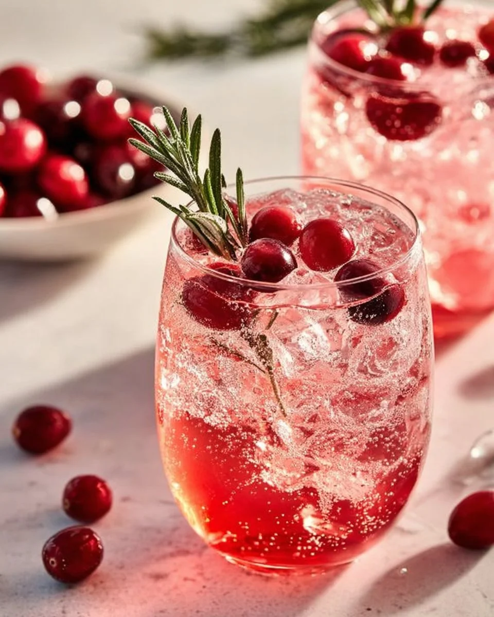 Quick Christmas Cranberry Spritzer in a glass with festive decorations