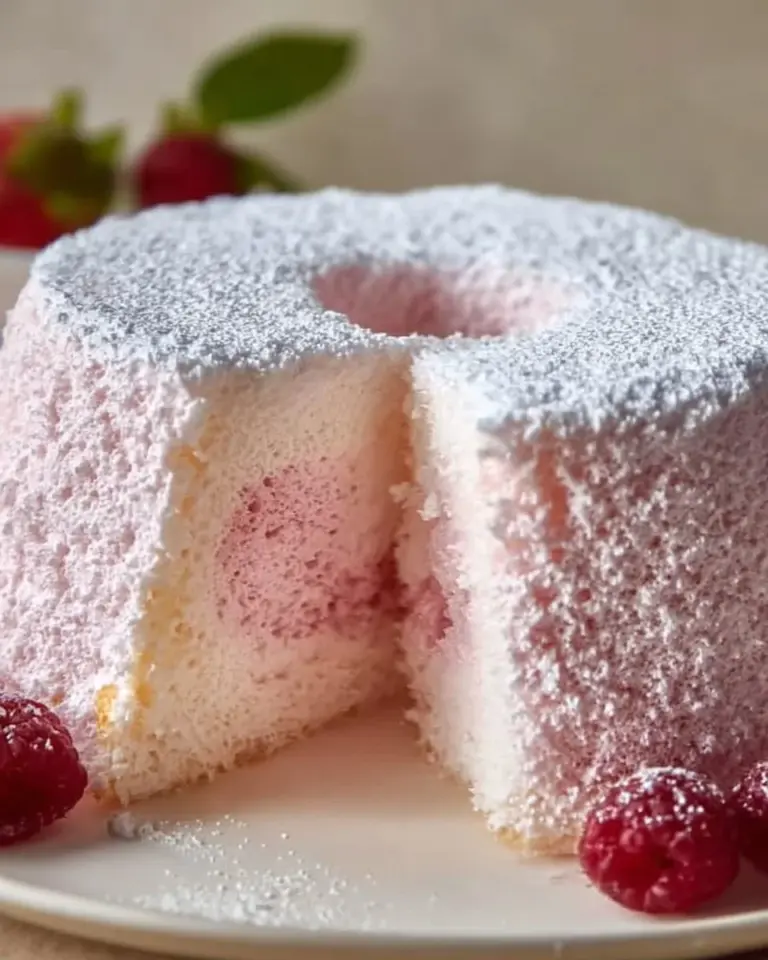 Delicious Raspberry Angel Food Cake topped with fresh raspberries