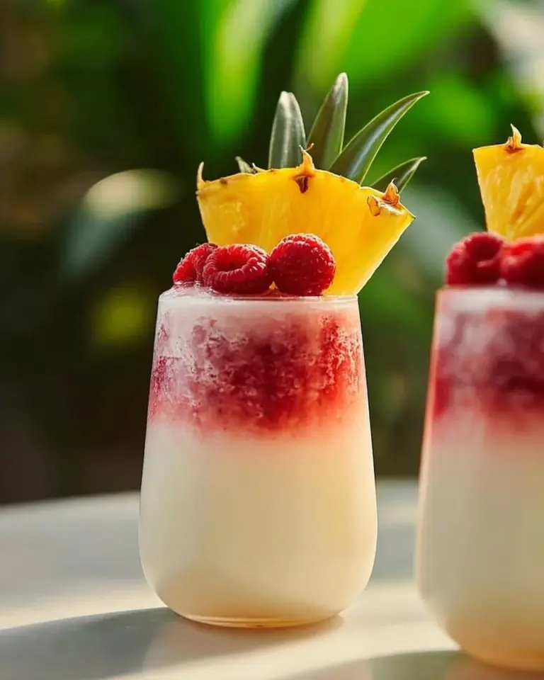 Delicious Raspberry Colada Twist drink with fresh raspberries and tropical flavors