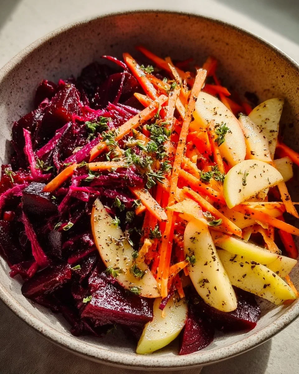 A colorful raw beet salad with fresh greens and nuts for added crunch