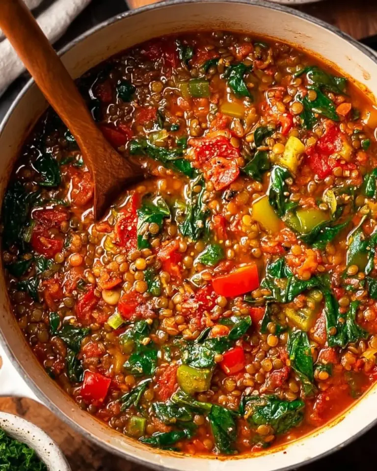 Bowl of hearty red pepper lentil soup garnished with fresh herbs