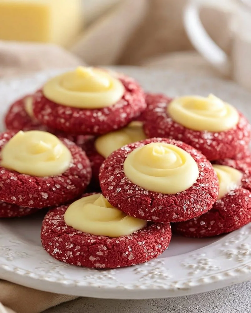Red Velvet Cream Cheese Thumbprint Cookies on a plate