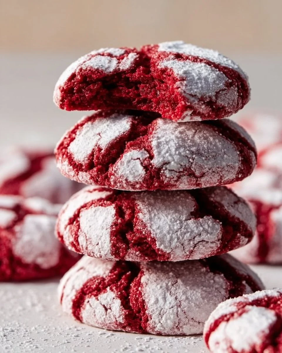 Close-up of delicious Red Velvet Crinkle Cookies with powdered sugar topping.